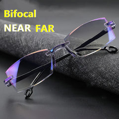 2 Pair New Men Women Rimless Reading Glasses Anti Blue Light Bifocal Far Near Magnification Eyewear Presbyopic Glasses +150 +200